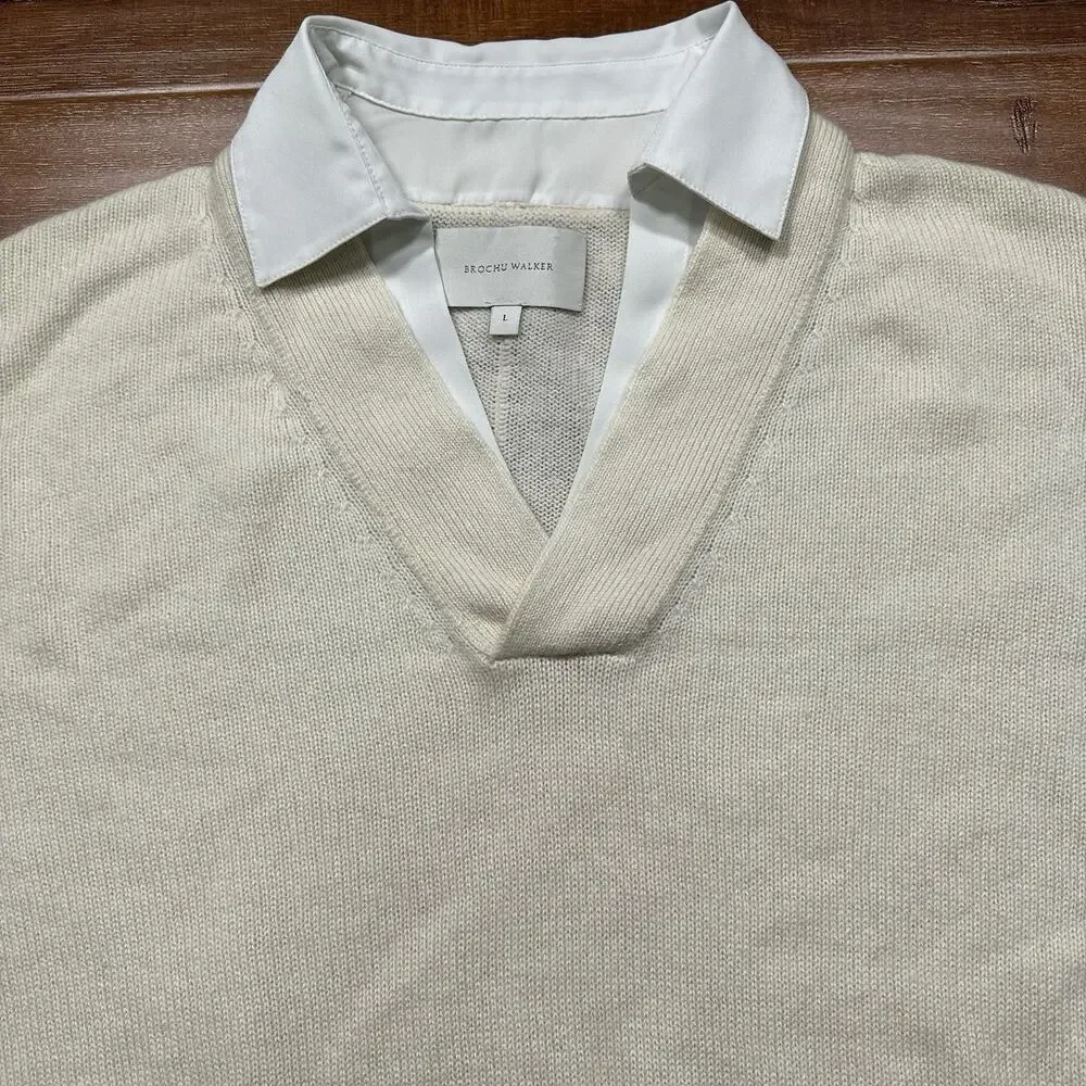 Brochu Walker Looker Layered Sweater Women L Beige Cashmere Wool Pullover Luxury